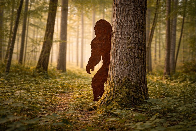 Sasquatch silhouette in misty forest